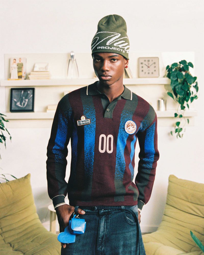 Nude Project Football Polo Knit Sweater Burgundy / Blue / Dark Brown | US-21940VDSU